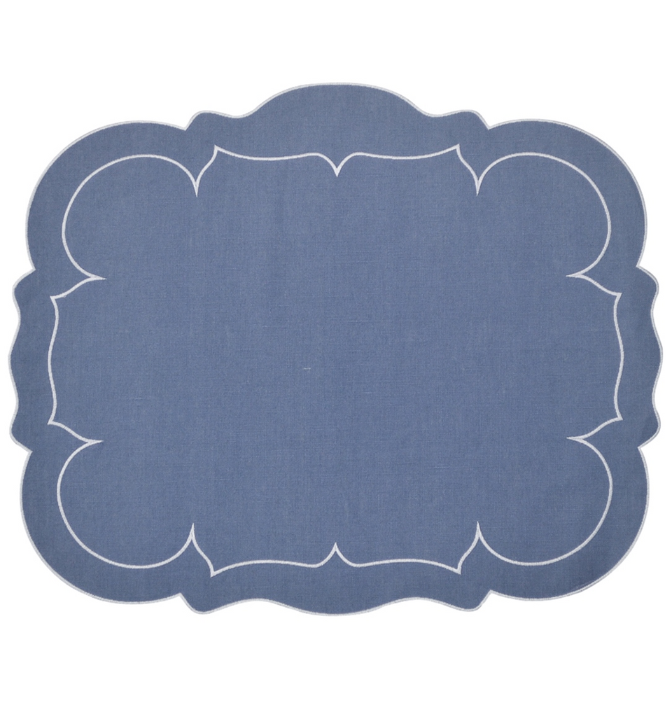 Linho Scalloped Rectangular Mat, Navy/White - Set/4