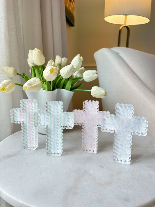 Scalloped Acrylic Cross Block - Blue Pattern