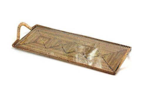 Long Rectangular Glass Serving Tray with Handwoven Basket Frame