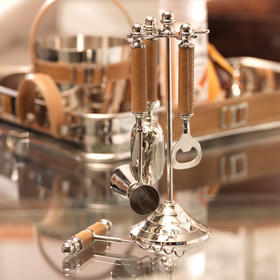 Algarve Polished Nickel and Leather Bar Tool Set