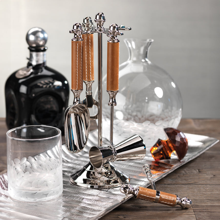 Algarve Polished Nickel and Leather Bar Tool Set
