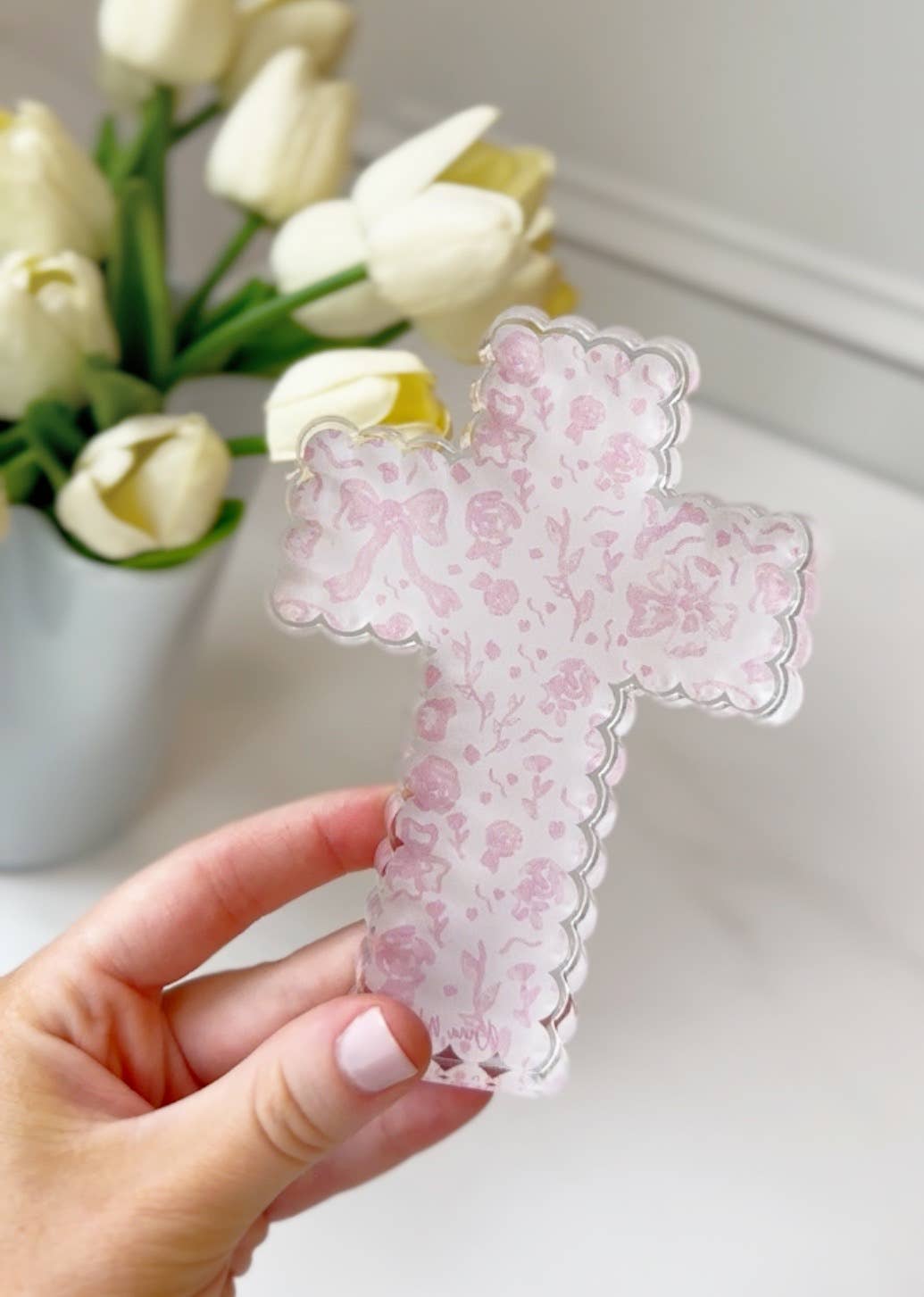 Scalloped Acrylic Cross Block - Blue Pattern