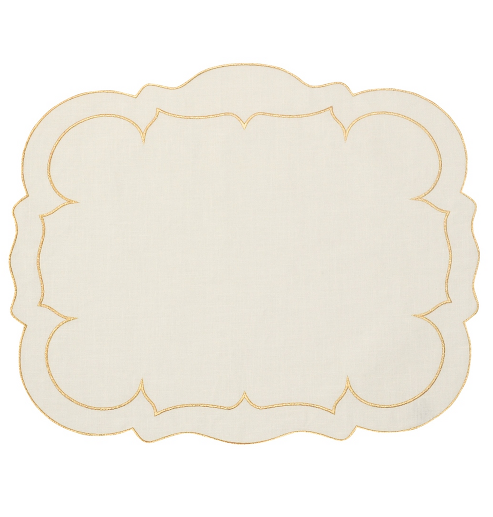 Linho Scalloped Rectangular Mat, Ivory/Gold - Set/4