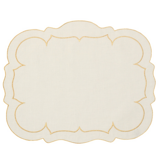 Linho Scalloped Rectangular Mat, Ivory/Gold - Set/4