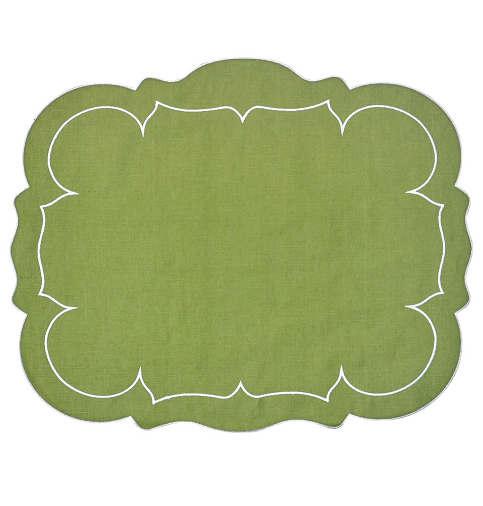 Linho Scalloped Rectangular Mat, Green/White - Set/4