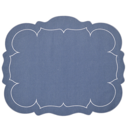 Linho Scalloped Rectangular Mat, Navy/White - Set/4