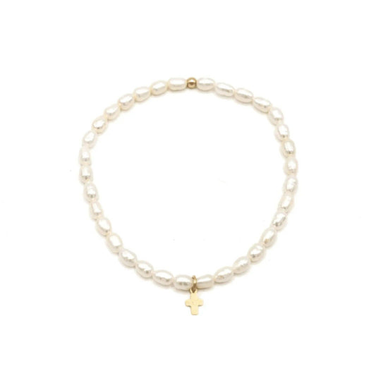 Rice Pearl Waterproof Bracelet Gold Filled Luxe Cross: 6.5 inch