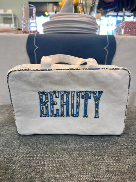 Small Top Handled Zip Cosmetic Case - BEAUTY, Poppy and Daisy Blue