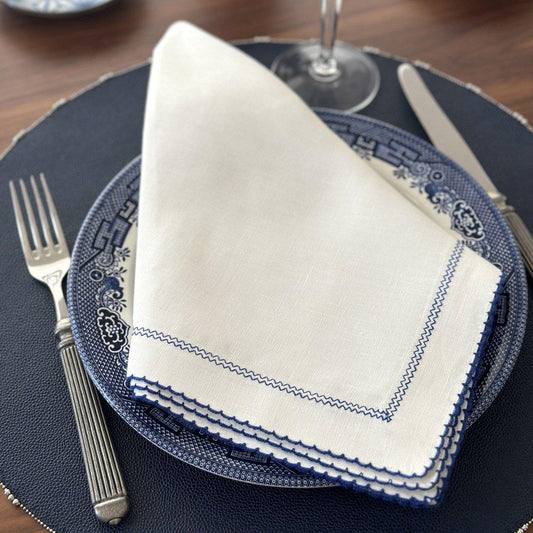 Picot Off-White/Navy 22" Napkin - Set/4