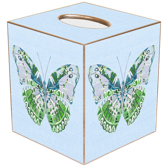 Paper Mache Tissue Box - Blue Linen Butterfly