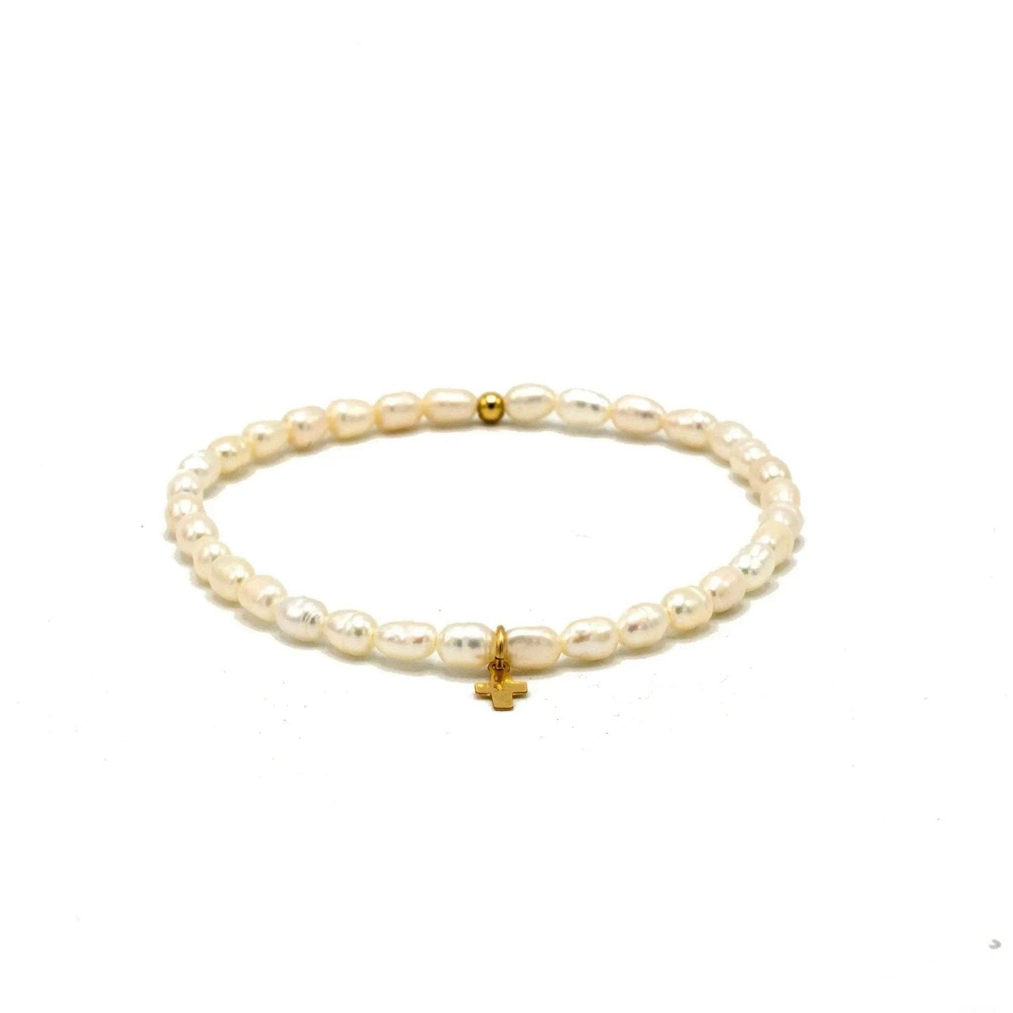 Rice Pearl Waterproof Bracelet Gold Filled Luxe Cross: 6.5 inch