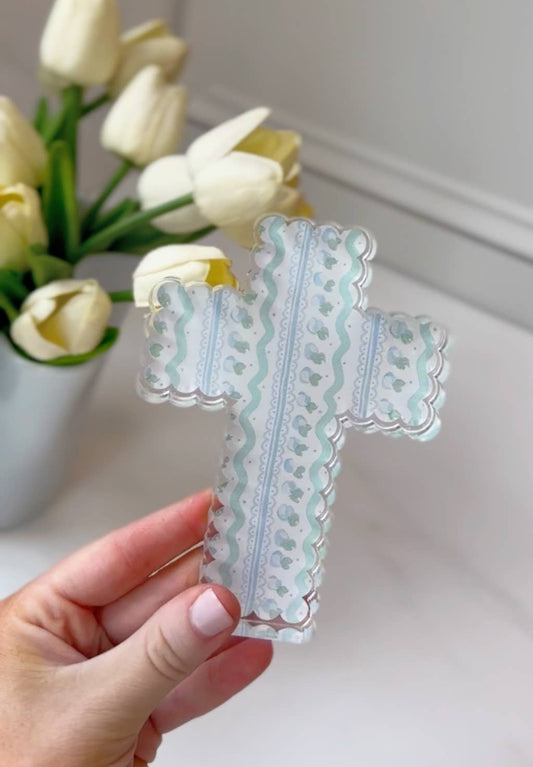 Scalloped Acrylic Cross Block - Blue Pattern